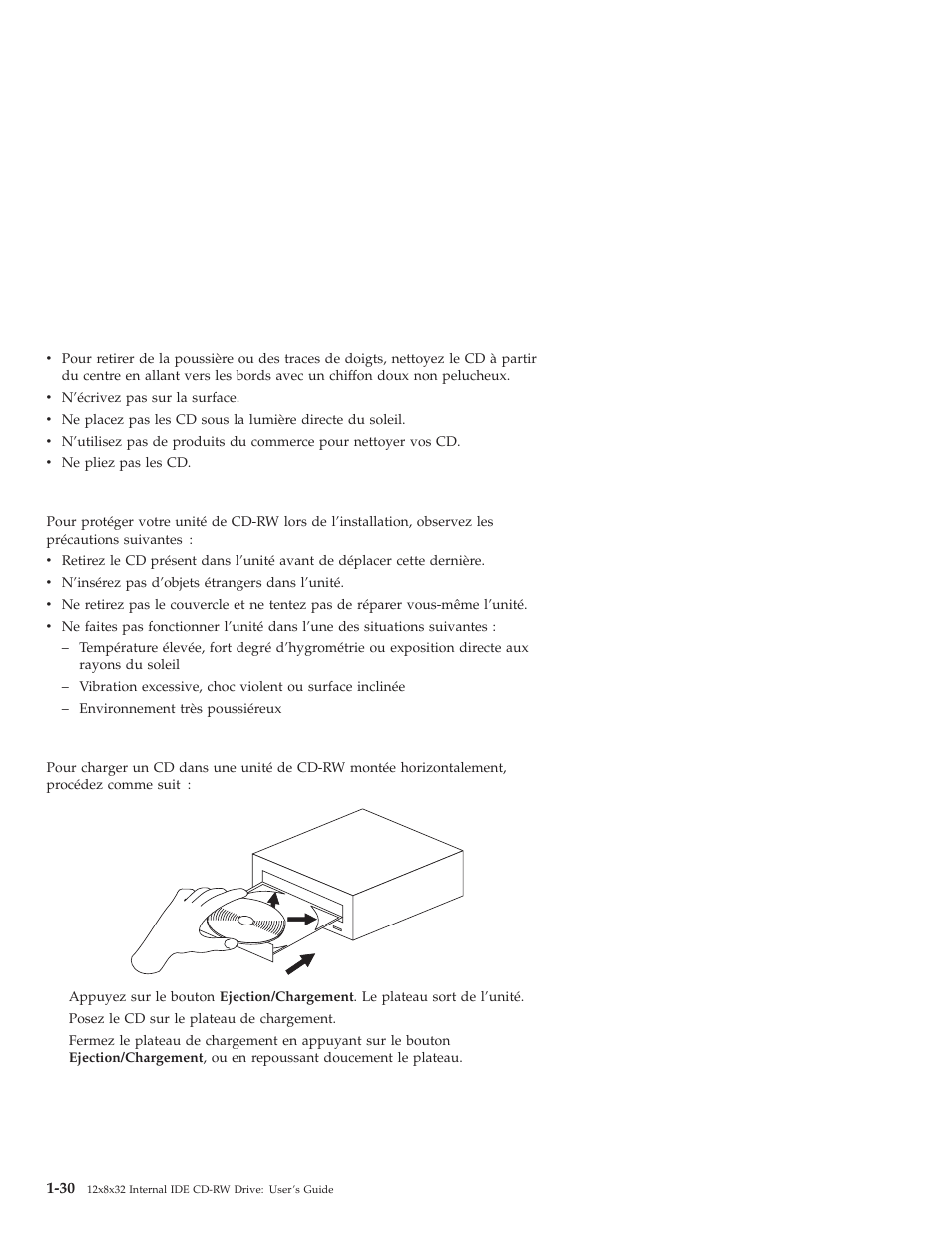 Précautions d’utilisation de l’unité de cd-rw, Chargement d’un cd | IBM OBI34MST 10K3786 User Manual | Page 38 / 164