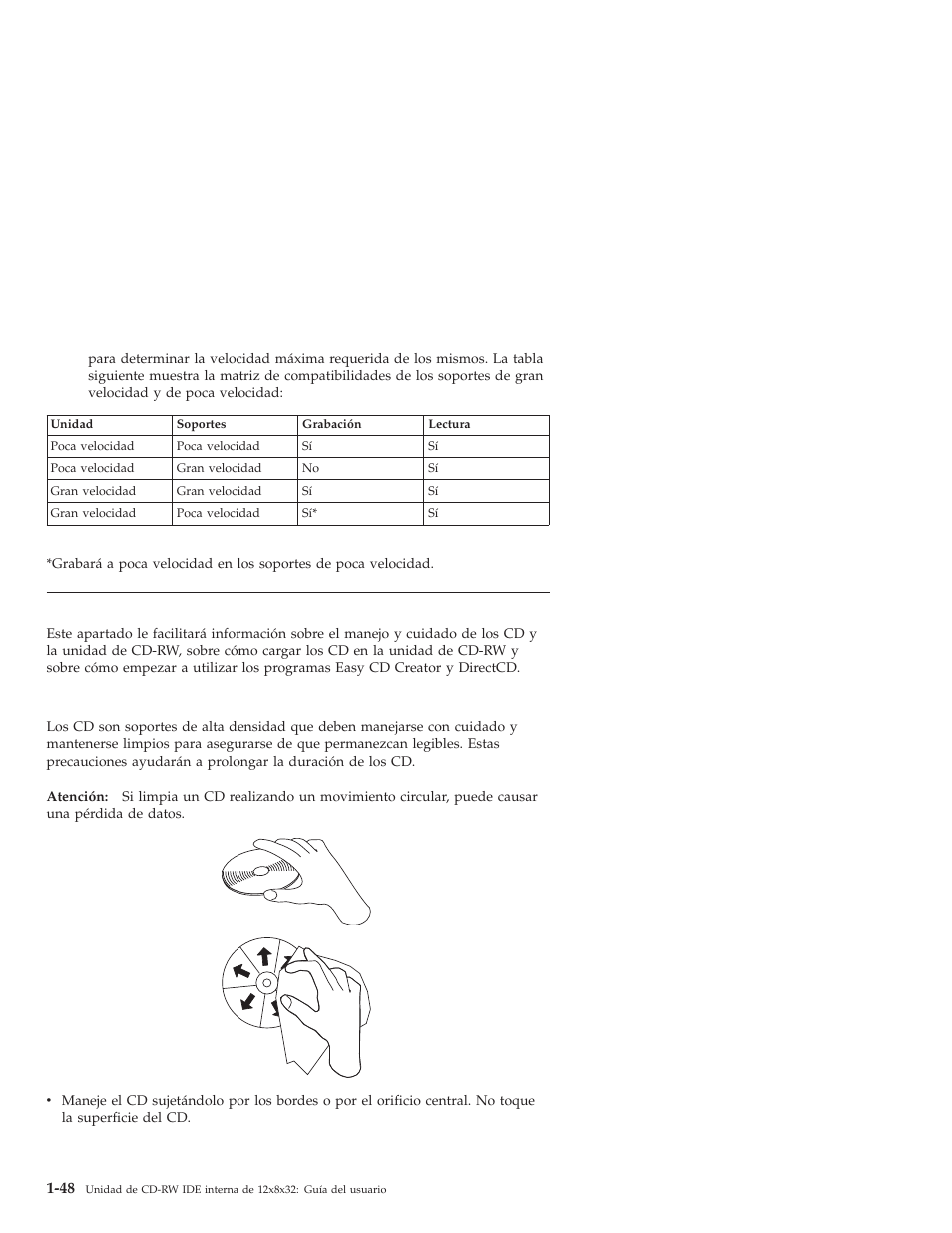 Utilización de la unidad, Manejo y cuidado de un cd | IBM OBI34MST 10K3786 User Manual | Page 56 / 164