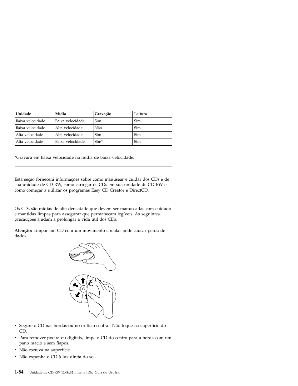 Utilizando a unidade, Manuseando e cuidando de um cd | IBM OBI34MST 10K3786 User Manual | Page 92 / 164