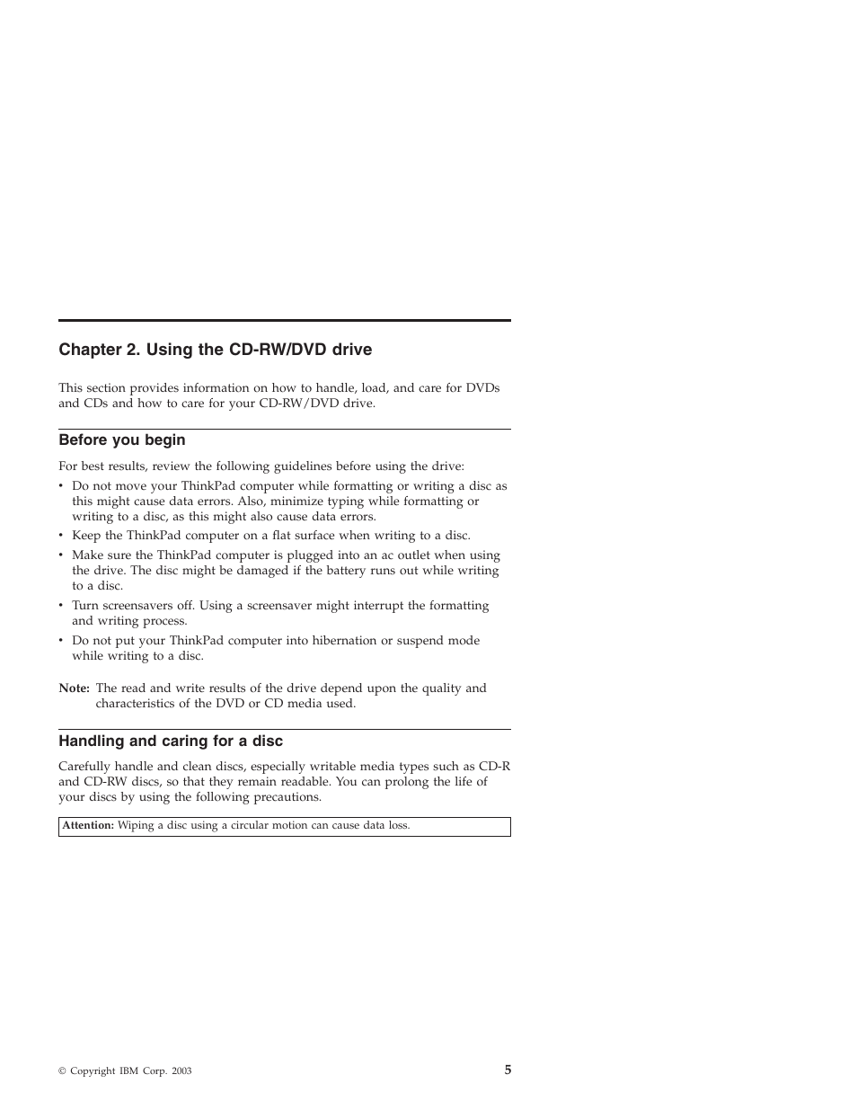 Chapter 2. using the cd-rw/dvd drive, Before you begin, Handling and caring for a disc | IBM ThinkPad 22P7007 User Manual | Page 13 / 42