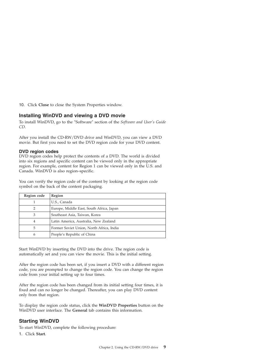 Installing windvd and viewing a dvd movie, Dvd region codes, Starting windvd | IBM ThinkPad 22P7007 User Manual | Page 17 / 42