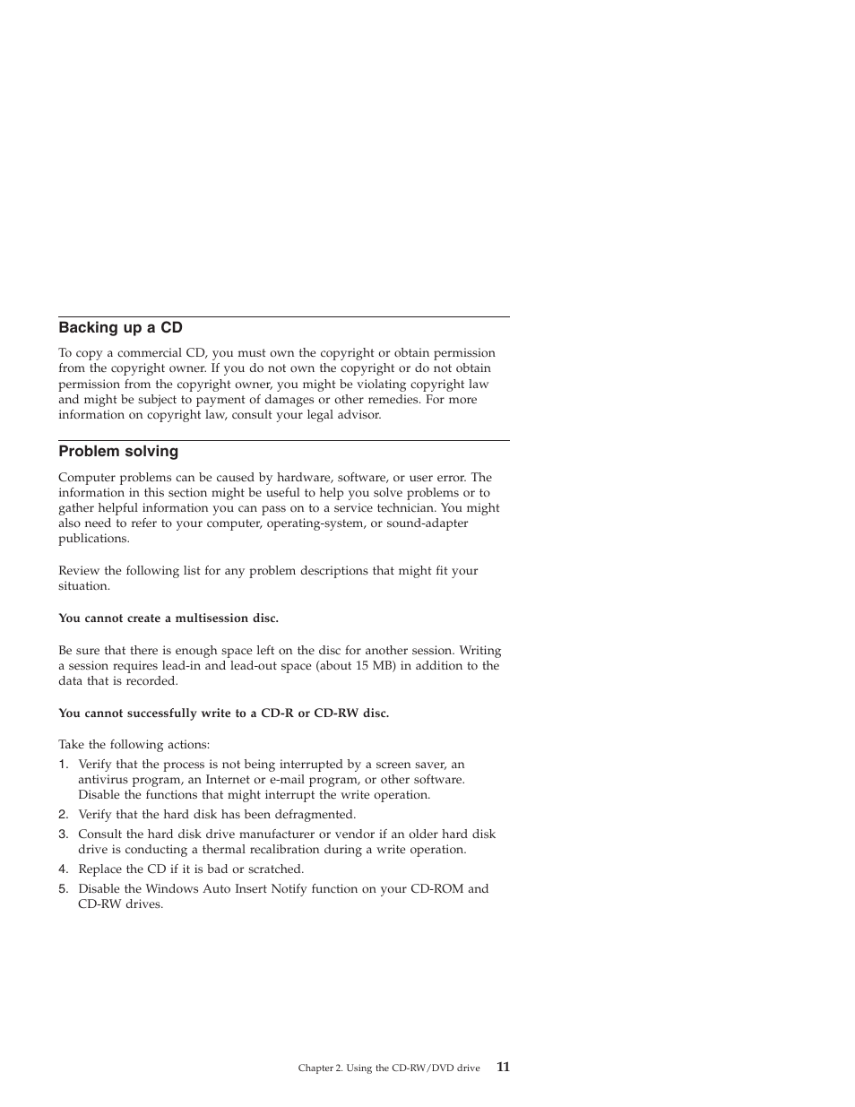 Backing up a cd, Problem solving | IBM ThinkPad 22P7007 User Manual | Page 19 / 42