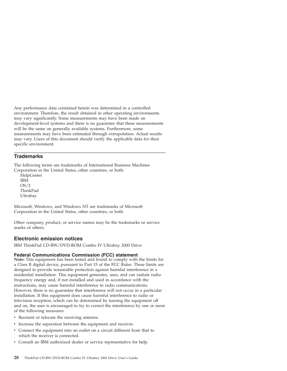 Trademarks, Electronic emission notices, Federal communications commission (fcc) statement | IBM ThinkPad 22P7007 User Manual | Page 36 / 42