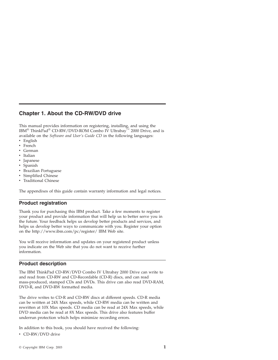 Chapter 1. about the cd-rw/dvd drive, Product registration, Product description | IBM ThinkPad 22P7007 User Manual | Page 9 / 42
