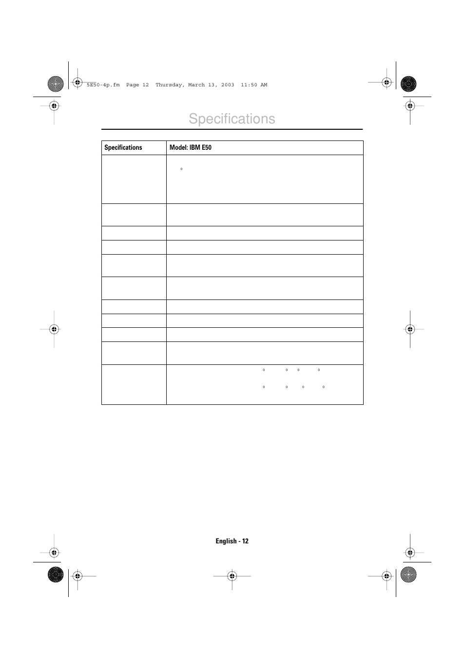 Specifications | IBM E50 User Manual | Page 14 / 17