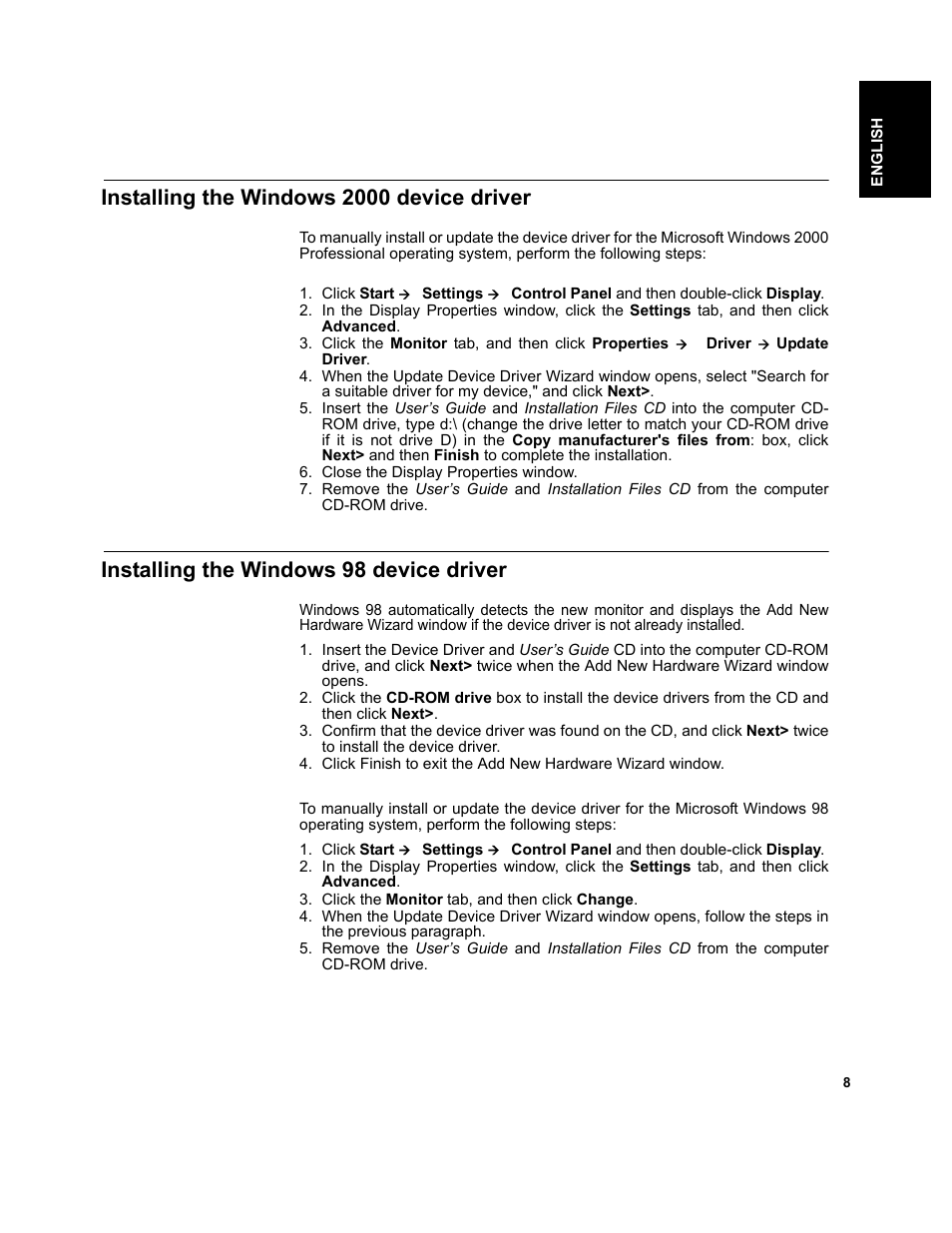 Installing the windows 2000 device driver, Installing the windows 98 device driver | IBM T541A User Manual | Page 10 / 44