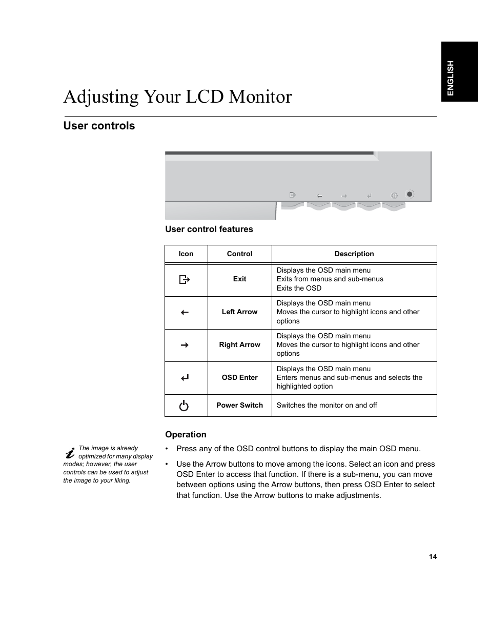 Adjusting your lcd monitor, User controls | IBM T541A User Manual | Page 16 / 44