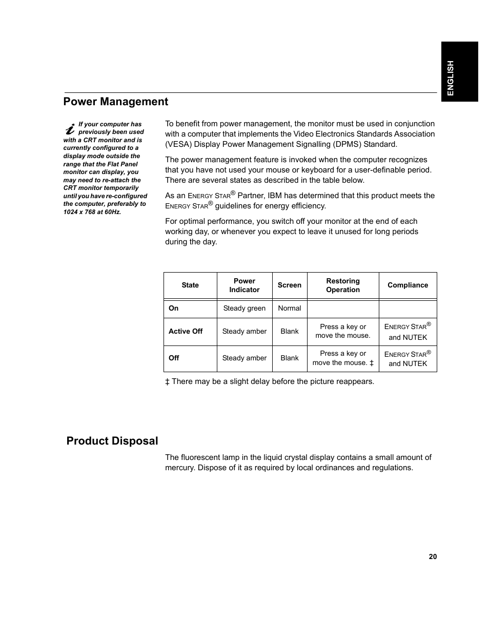 Power management, Product disposal | IBM T541A User Manual | Page 22 / 44