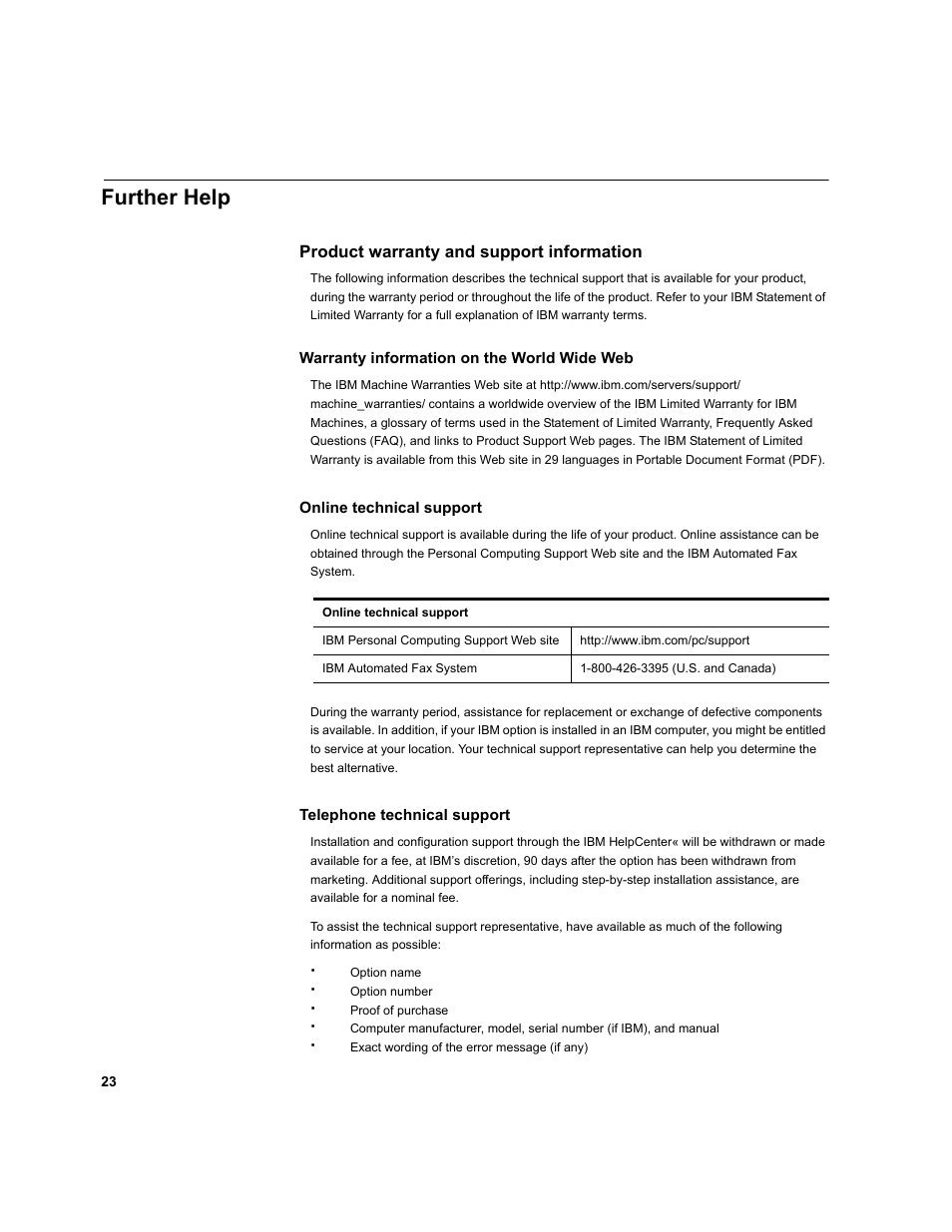 Further help, Product warranty and support information | IBM T541A User Manual | Page 25 / 44