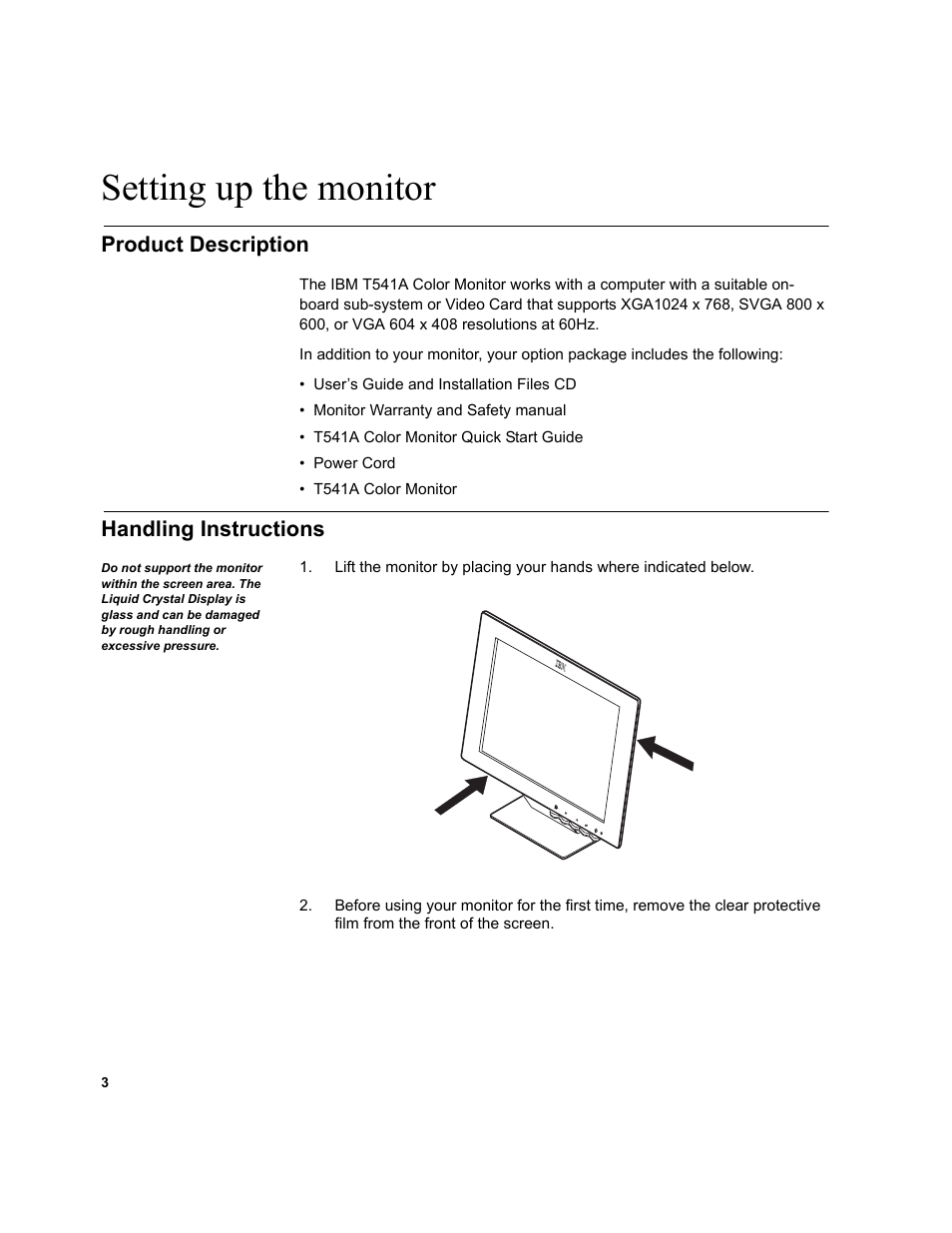 Setting up the monitor, Product description, Handling instructions | IBM T541A User Manual | Page 5 / 44