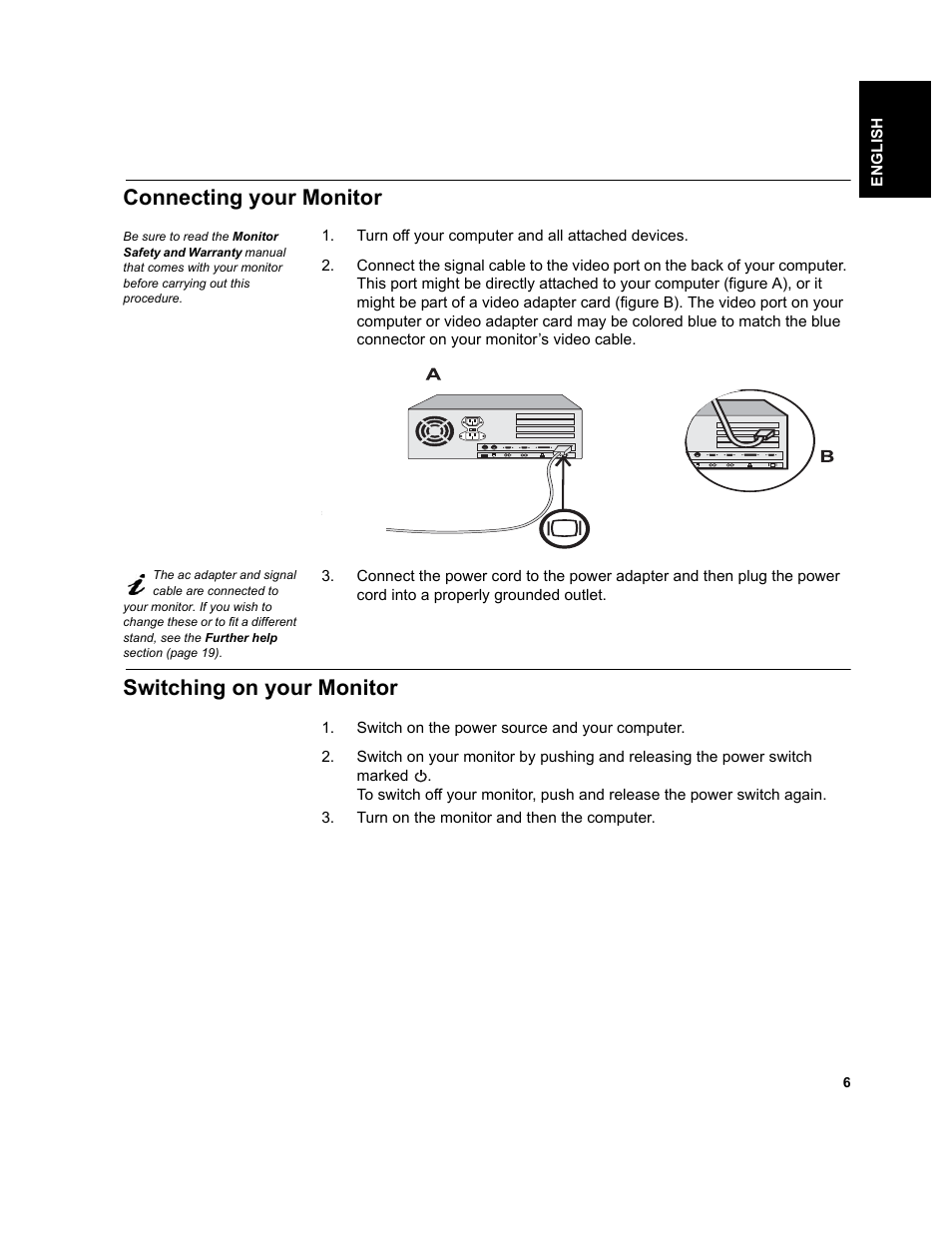 Connecting your monitor, Switching on your monitor | IBM T541A User Manual | Page 8 / 44