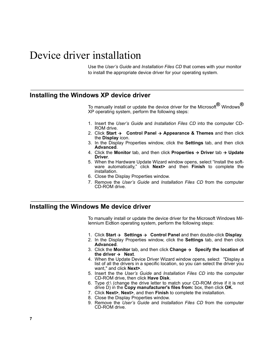 Device driver installation, Installing the windows xp device driver, Installing the windows me device driver | IBM T541A User Manual | Page 9 / 44