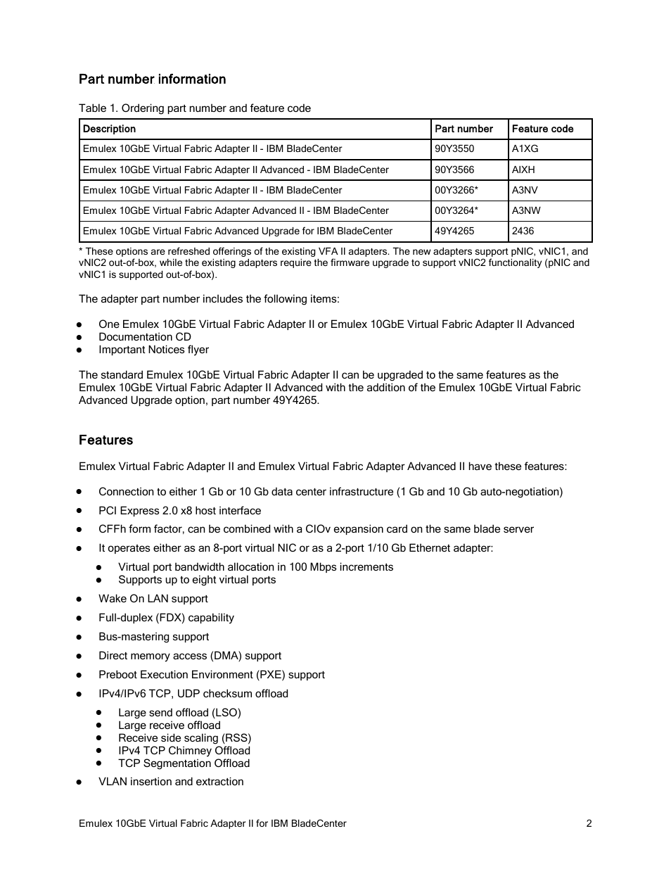 Part number information, Features | IBM 10GBE User Manual | Page 2 / 12