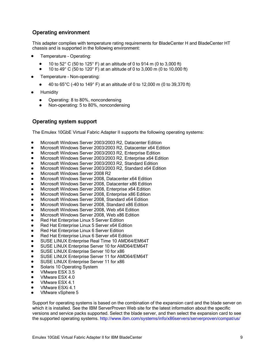 Operating environment, Operating system support | IBM 10GBE User Manual | Page 9 / 12