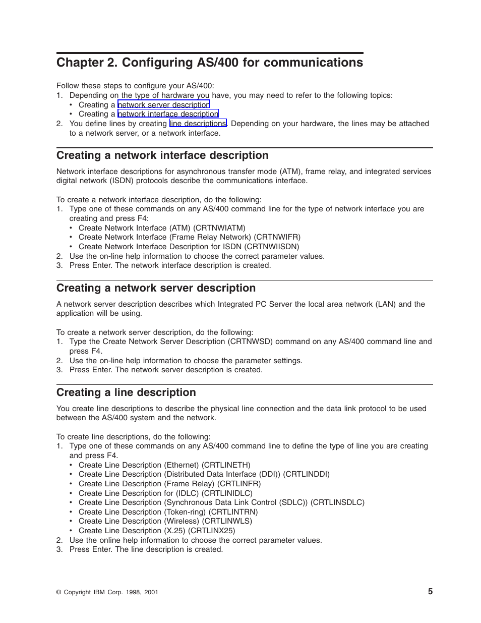 Chapter 2. configuring as/400 for communications, Creating a network interface description, Creating a network server description | Creating a line description, Creating a set of configuration objects | IBM AS/400 User Manual | Page 11 / 104