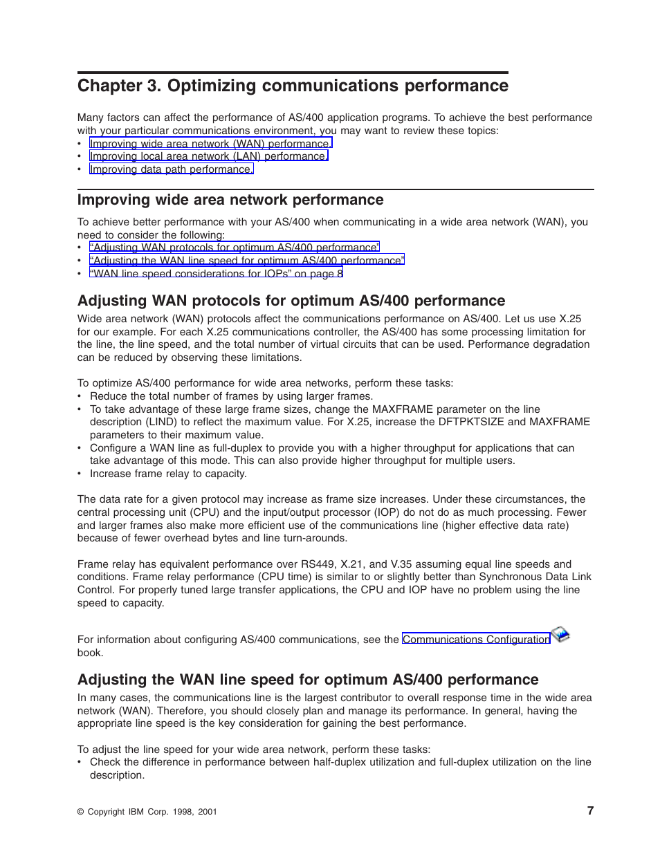Chapter 3. optimizing communications performance, Improving wide area network performance, Optimizing communications performance | IBM AS/400 User Manual | Page 13 / 104
