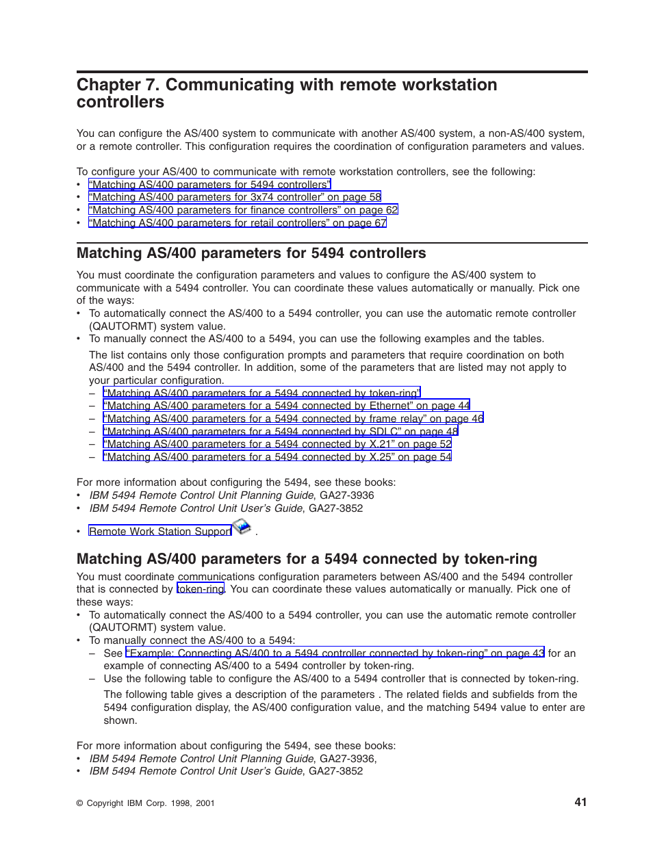 Matching as/400 parameters for 5494 controllers, Communicating with remote workstation controllers | IBM AS/400 User Manual | Page 47 / 104