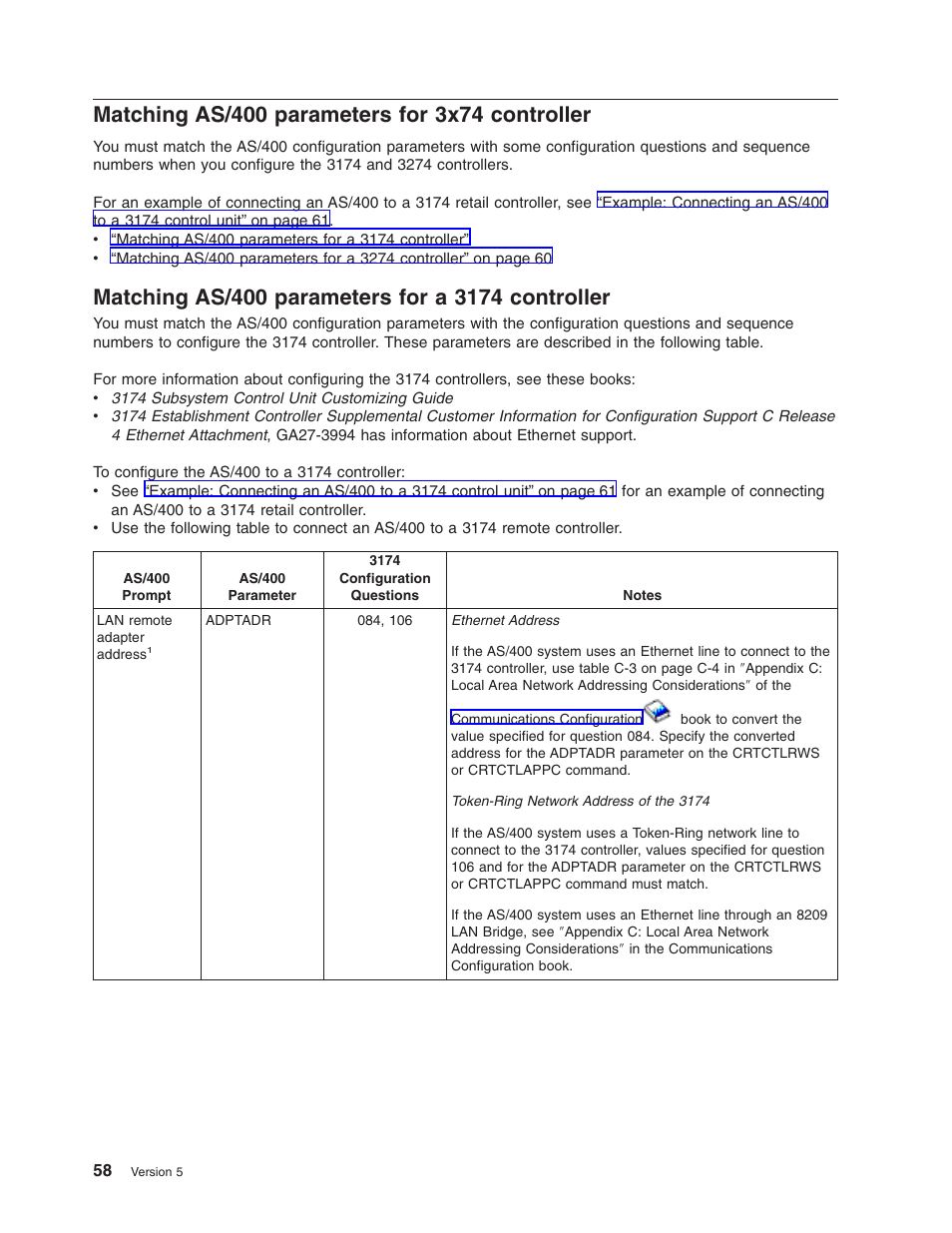 Matching as/400 parameters for 3x74 controller, Matching as/400 parameters for a 3174 controller | IBM AS/400 User Manual | Page 64 / 104