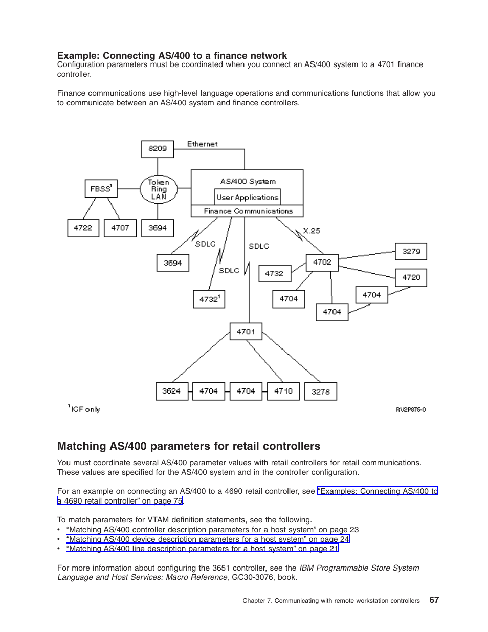 Example: connecting as/400 to a finance network, Matching as/400 parameters for retail controllers | IBM AS/400 User Manual | Page 73 / 104