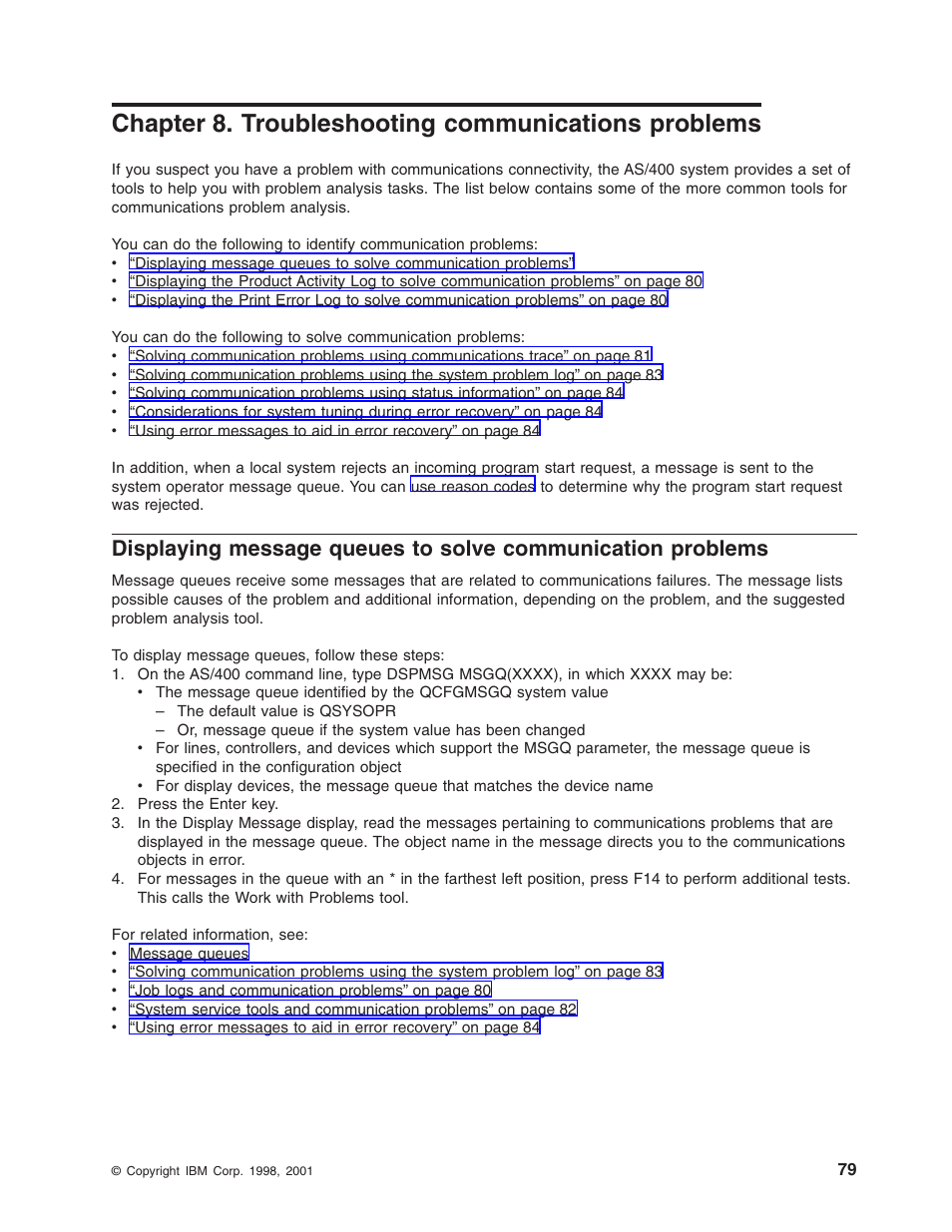 Chapter 8. troubleshooting communications problems, Troubleshooting communication problems | IBM AS/400 User Manual | Page 85 / 104