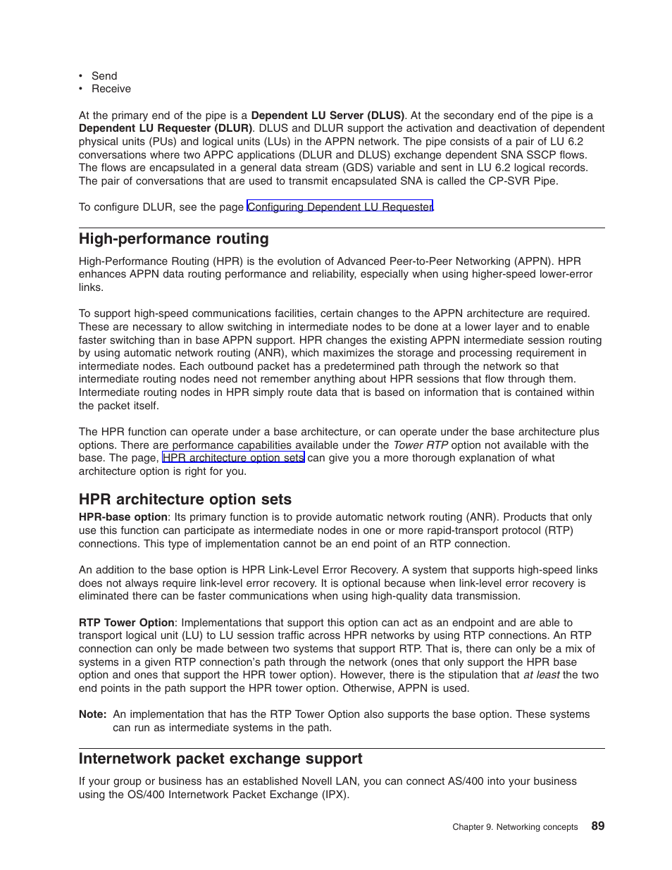 High-performance routing, Hpr architecture option sets, Internetwork packet exchange support | High-performance routing (hpr), Internet packet exchange support | IBM AS/400 User Manual | Page 95 / 104