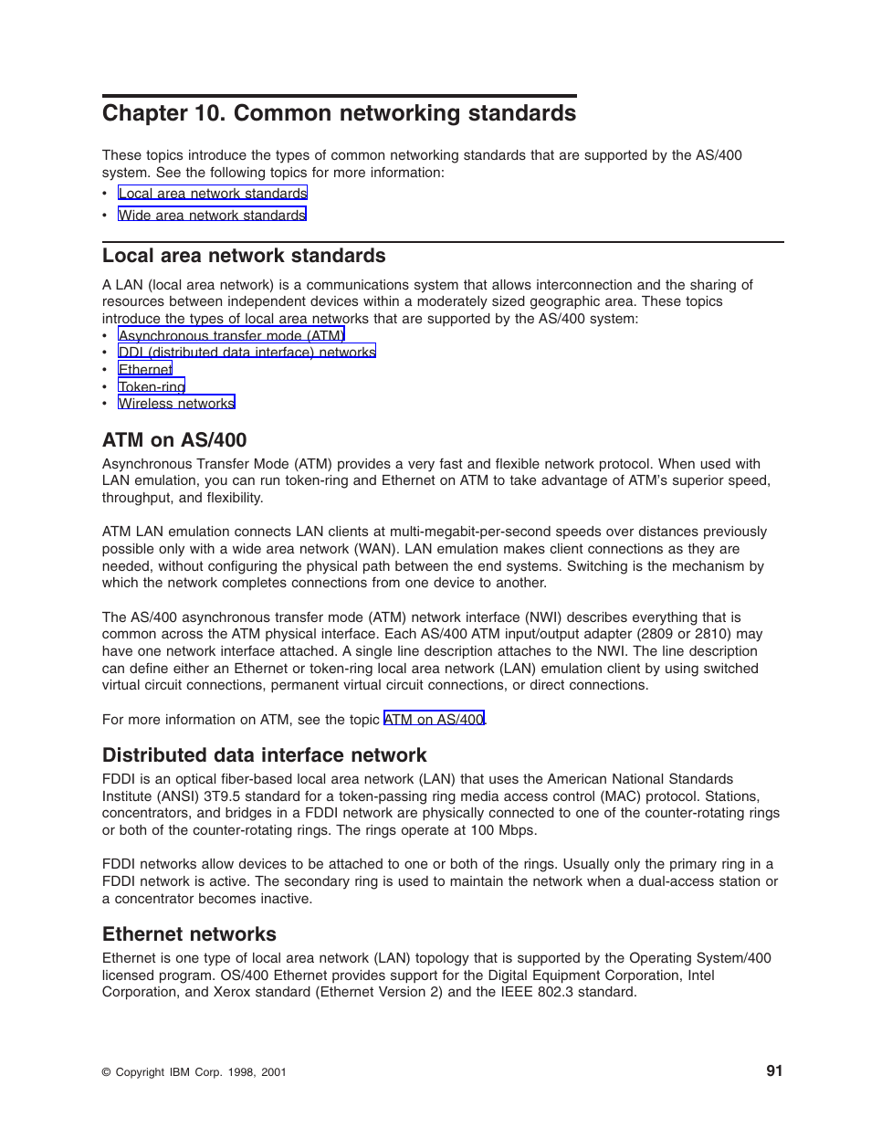 Chapter 10. common networking standards, Local area network standards, Atm on as/400 | Distributed data interface network, Ethernet networks, Atm on as/400 distributed data interface network | IBM AS/400 User Manual | Page 97 / 104
