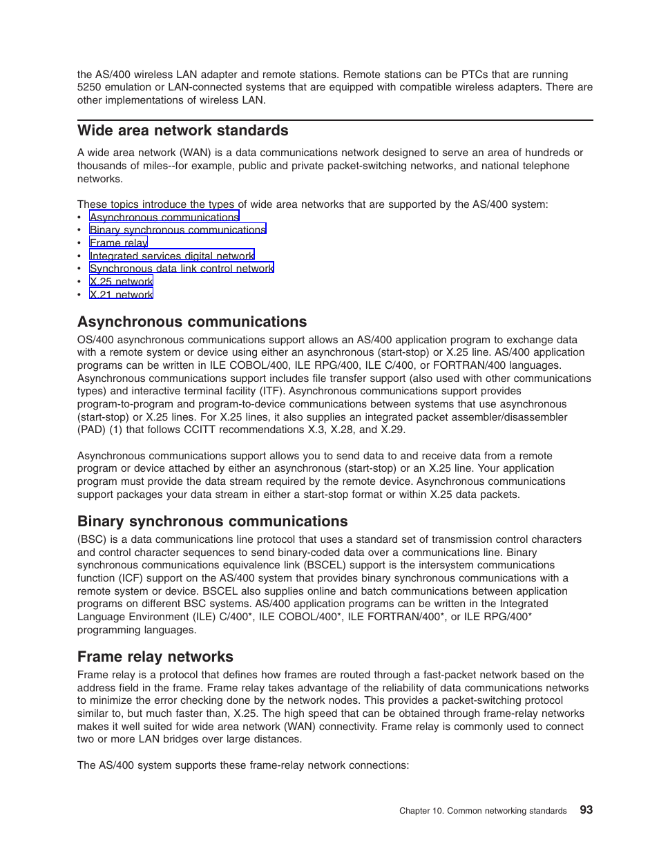 Wide area network standards, Asynchronous communications, Binary synchronous communications | Frame relay networks | IBM AS/400 User Manual | Page 99 / 104