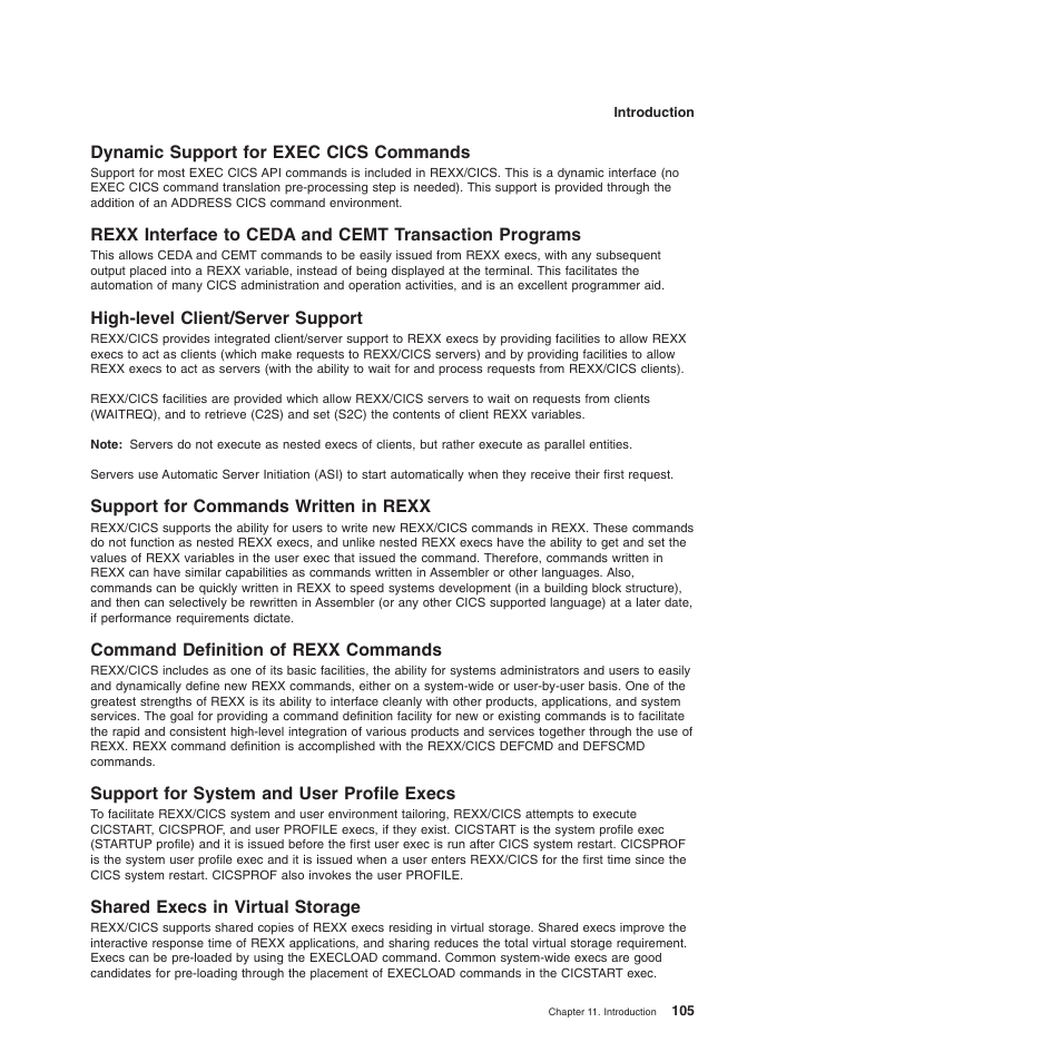 Dynamic support for exec cics commands, High-level client/server support, Support for commands written in rexx | Command definition of rexx commands, Support for system and user profile execs, Shared execs in virtual storage | IBM SC34-5764-01 User Manual | Page 127 / 481