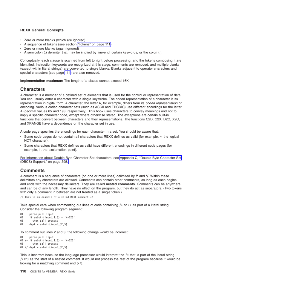 Characters, Comments | IBM SC34-5764-01 User Manual | Page 132 / 481