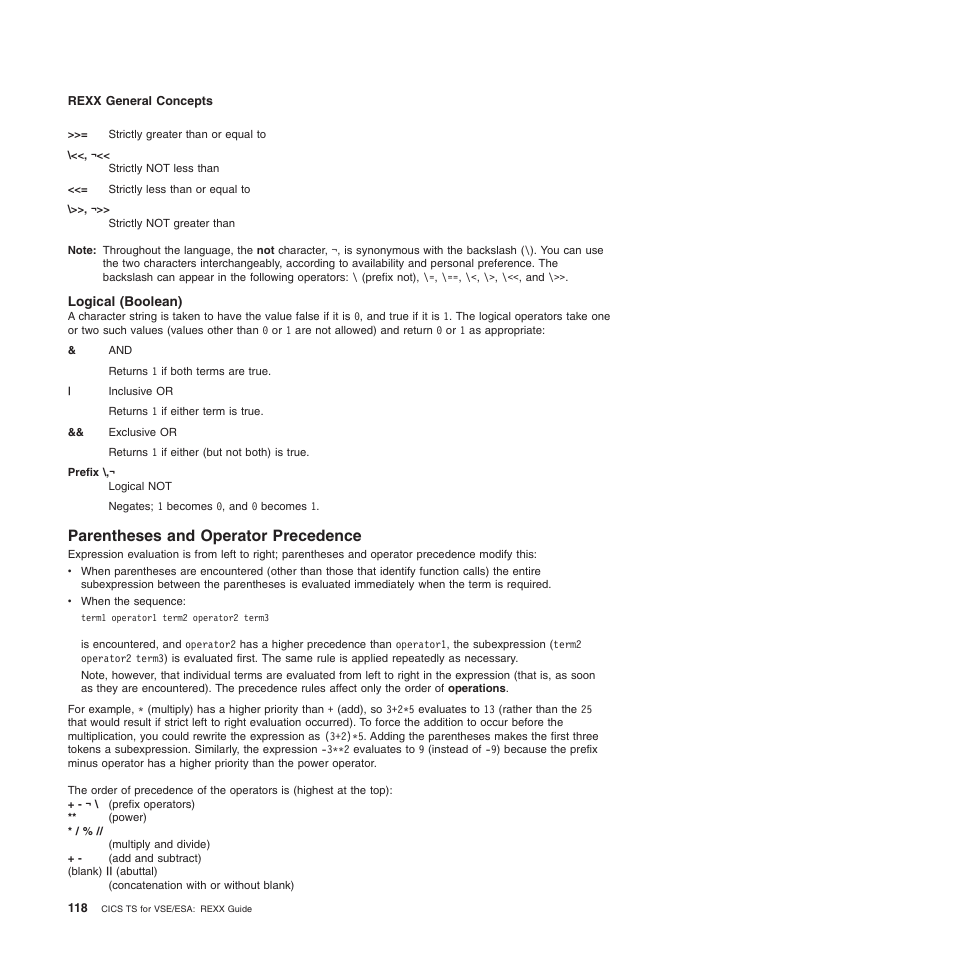 Logical (boolean), Parentheses and operator precedence | IBM SC34-5764-01 User Manual | Page 140 / 481