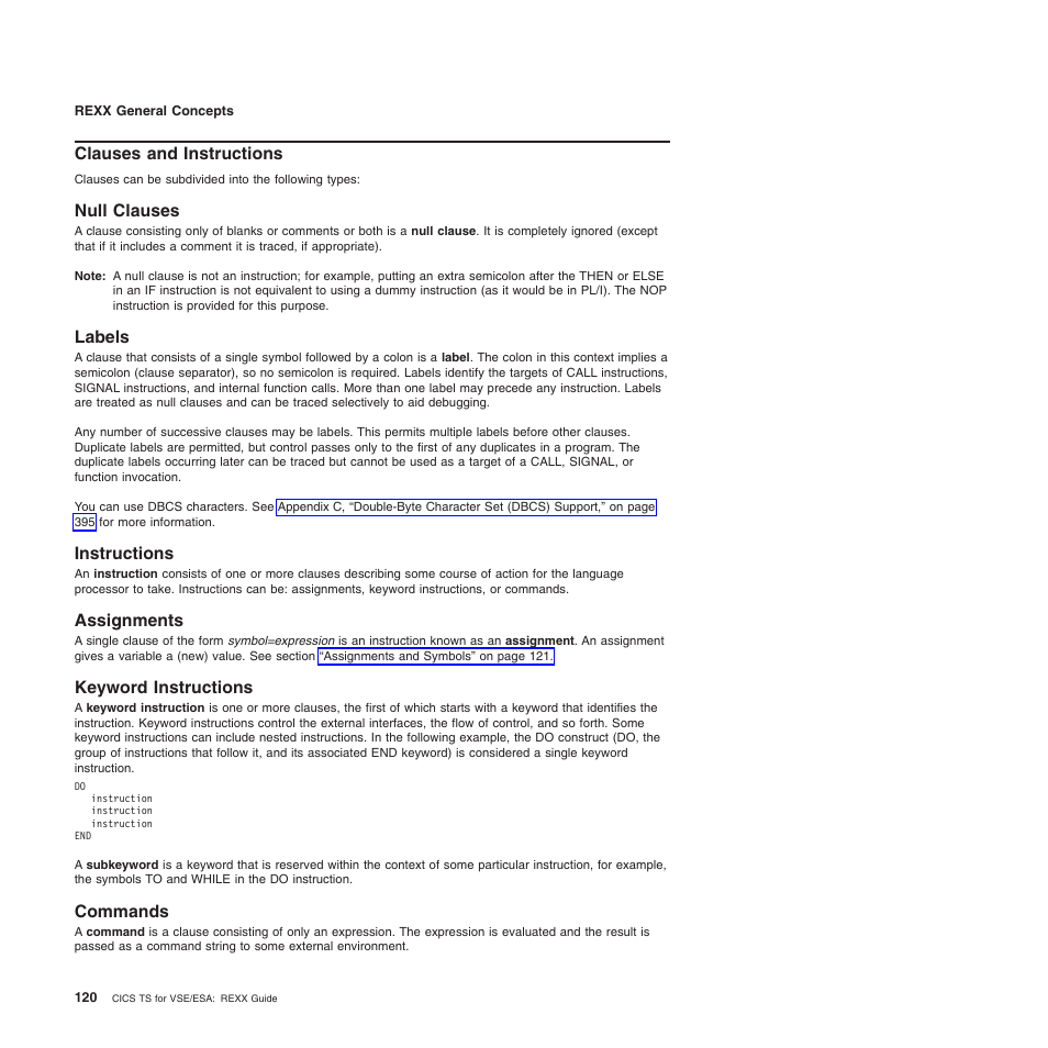 Clauses and instructions, Null clauses, Labels | Instructions, Assignments, Keyword instructions, Commands | IBM SC34-5764-01 User Manual | Page 142 / 481