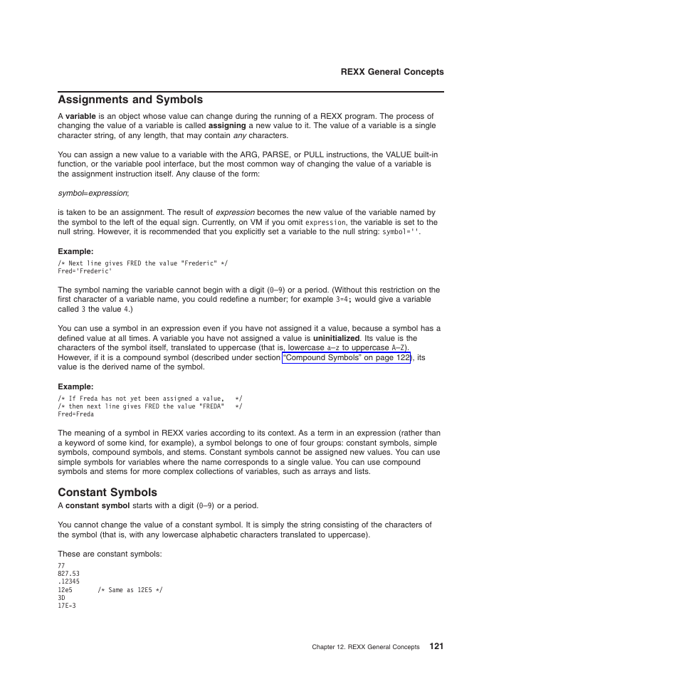 Assignments and symbols, Constant symbols | IBM SC34-5764-01 User Manual | Page 143 / 481