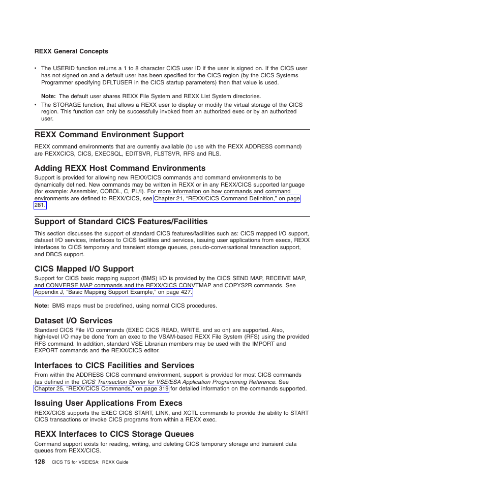 Rexx command environment support, Adding rexx host command environments, Support of standard cics features/facilities | Cics mapped i/o support, Dataset i/o services, Interfaces to cics facilities and services, Issuing user applications from execs, Rexx interfaces to cics storage queues | IBM SC34-5764-01 User Manual | Page 150 / 481
