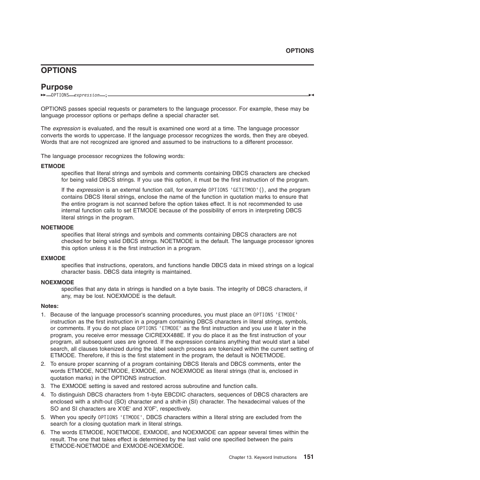 Options, Options purpose | IBM SC34-5764-01 User Manual | Page 173 / 481