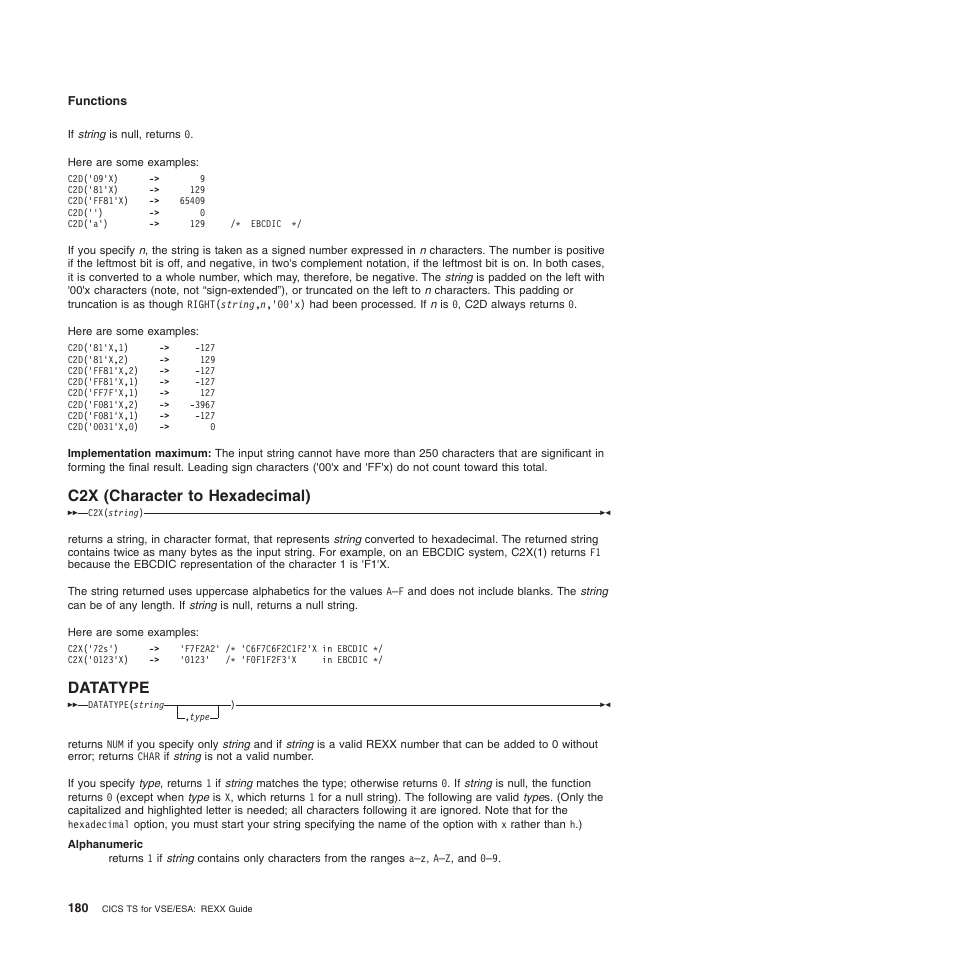 C2x (character to hexadecimal), Datatype, C2x (character to hexadecimal) datatype | IBM SC34-5764-01 User Manual | Page 202 / 481