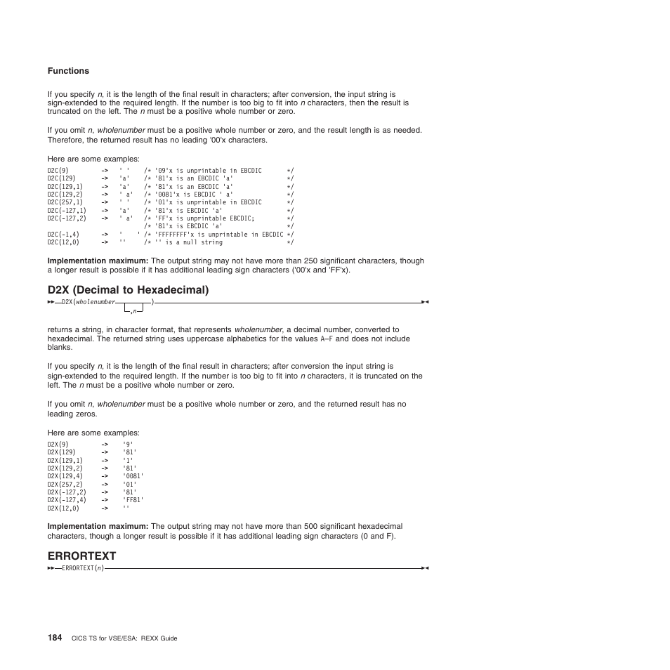 D2x (decimal to hexadecimal), Errortext, D2x (decimal to hexadecimal) errortext | IBM SC34-5764-01 User Manual | Page 206 / 481