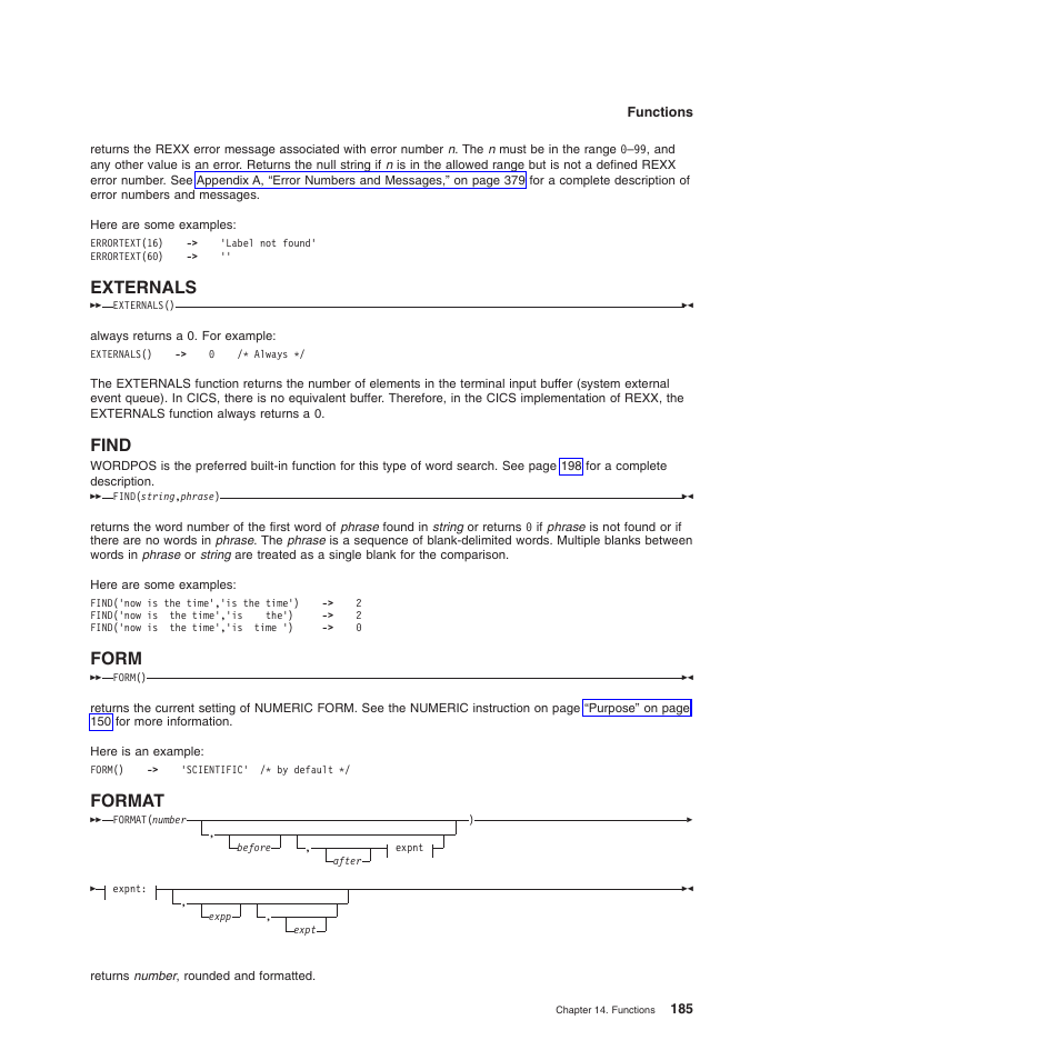 Externals, Find, Form | Format, Form format | IBM SC34-5764-01 User Manual | Page 207 / 481