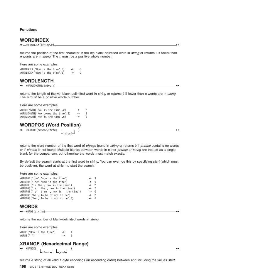 Wordindex, Wordlength, Wordpos (word position) | Words, Xrange (hexadecimal range), Wordindex wordlength | IBM SC34-5764-01 User Manual | Page 220 / 481