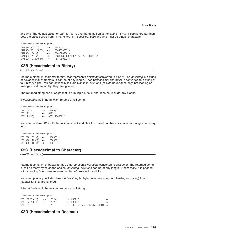 X2b (hexadecimal to binary), X2c (hexadecimal to character), X2d (hexadecimal to decimal) | IBM SC34-5764-01 User Manual | Page 221 / 481