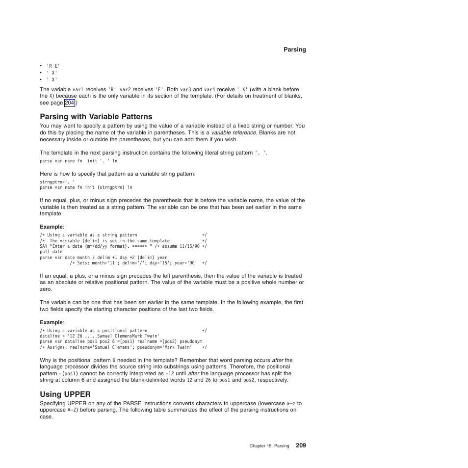 Parsing with variable patterns, Using upper, Parsing with variable patterns using upper | IBM SC34-5764-01 User Manual | Page 231 / 481