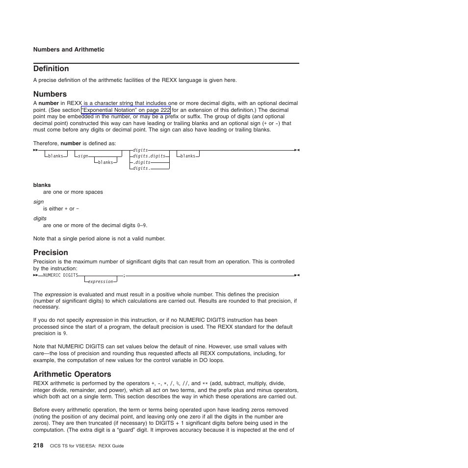 Definition, Numbers, Precision | Arithmetic operators, Numbers precision arithmetic operators | IBM SC34-5764-01 User Manual | Page 240 / 481