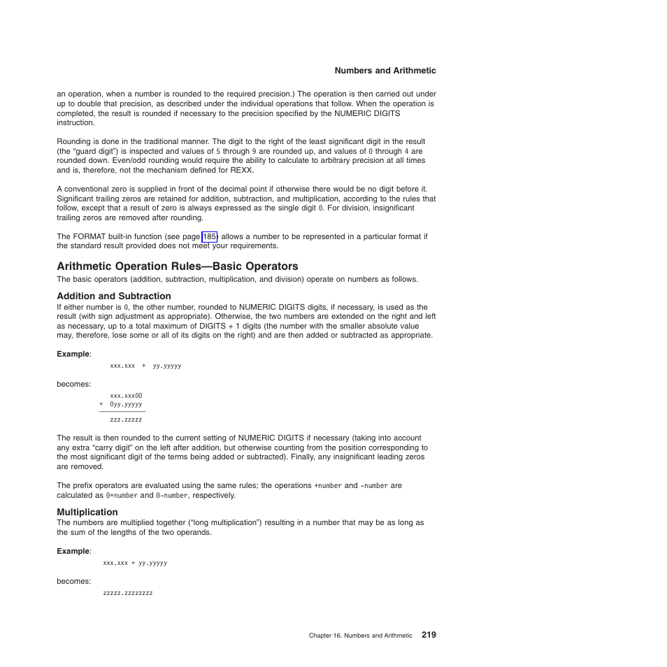 Arithmetic operation rules—basic operators, Addition and subtraction, Multiplication | IBM SC34-5764-01 User Manual | Page 241 / 481