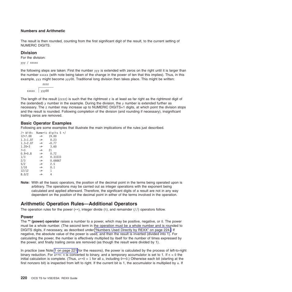 Division, Basic operator examples, Arithmetic operation rules—additional operators | Power | IBM SC34-5764-01 User Manual | Page 242 / 481