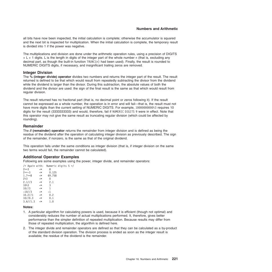 Integer division, Remainder, Additional operator examples | IBM SC34-5764-01 User Manual | Page 243 / 481