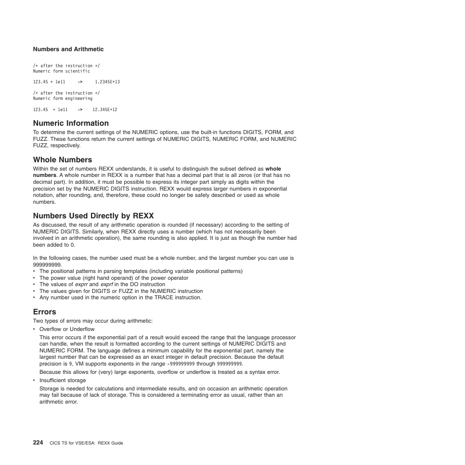 Numeric information, Whole numbers, Numbers used directly by rexx | Errors, Numeric information whole numbers, Numbers used directly by rexx errors | IBM SC34-5764-01 User Manual | Page 246 / 481