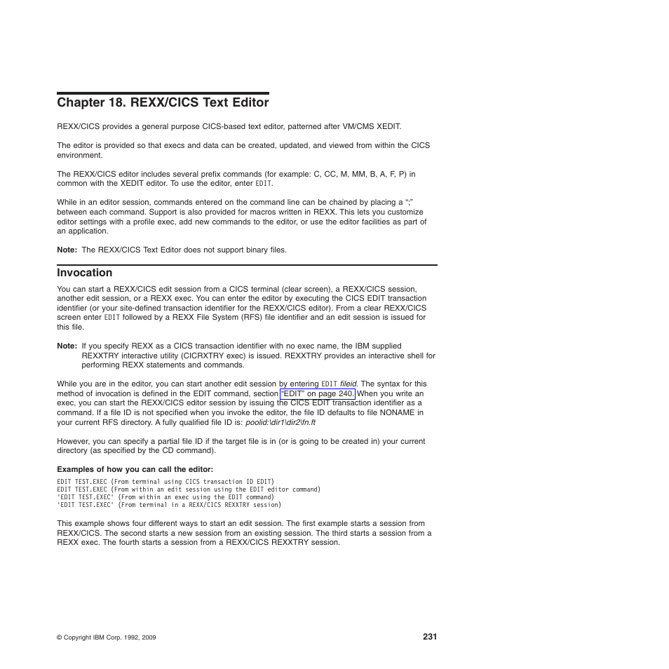 Chapter 18. rexx/cics text editor, Invocation, Chapter 18, “rexx/cics text editor | IBM SC34-5764-01 User Manual | Page 253 / 481