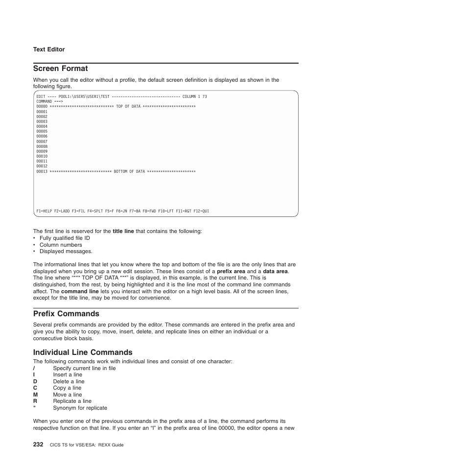 Screen format, Prefix commands, Individual line commands | Screen format prefix commands | IBM SC34-5764-01 User Manual | Page 254 / 481