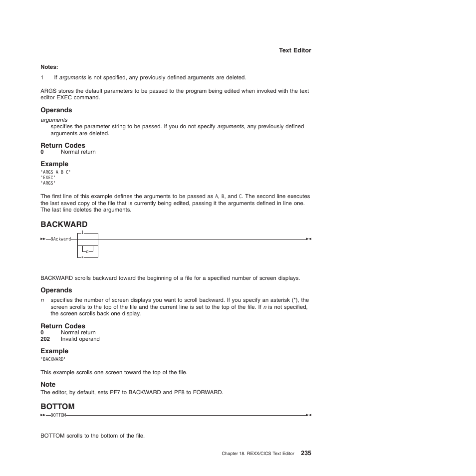 Operands, Return codes, Example | Backward, Note, Bottom, Backward bottom | IBM SC34-5764-01 User Manual | Page 257 / 481