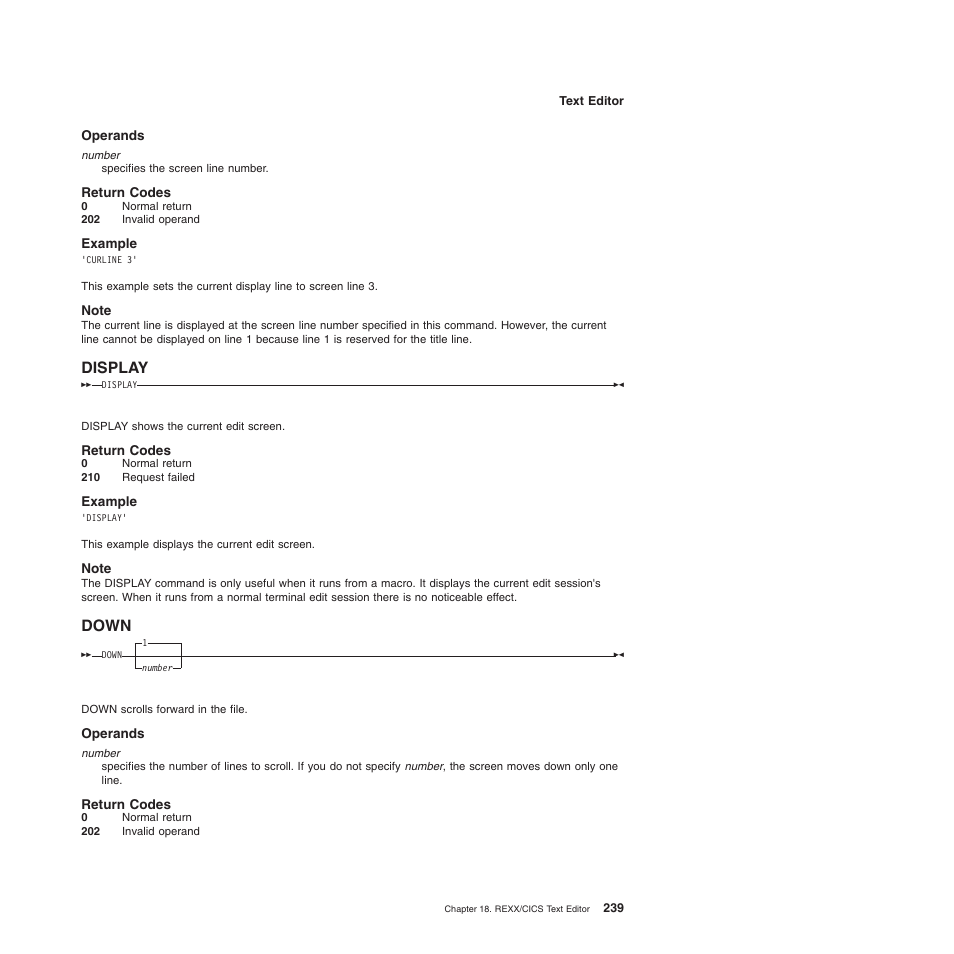 Operands, Return codes, Example | Note, Display, Down, Display down | IBM SC34-5764-01 User Manual | Page 261 / 481