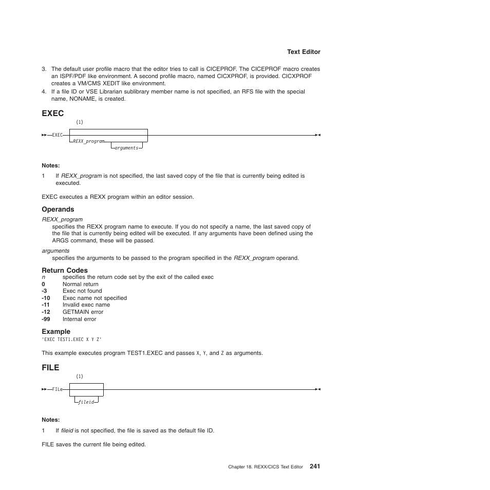 Exec, Operands, Return codes | Example, File, Exec file | IBM SC34-5764-01 User Manual | Page 263 / 481